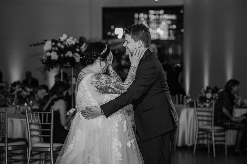 An intimate wedding in Cincinnati at The Center is beautiful (black and white).